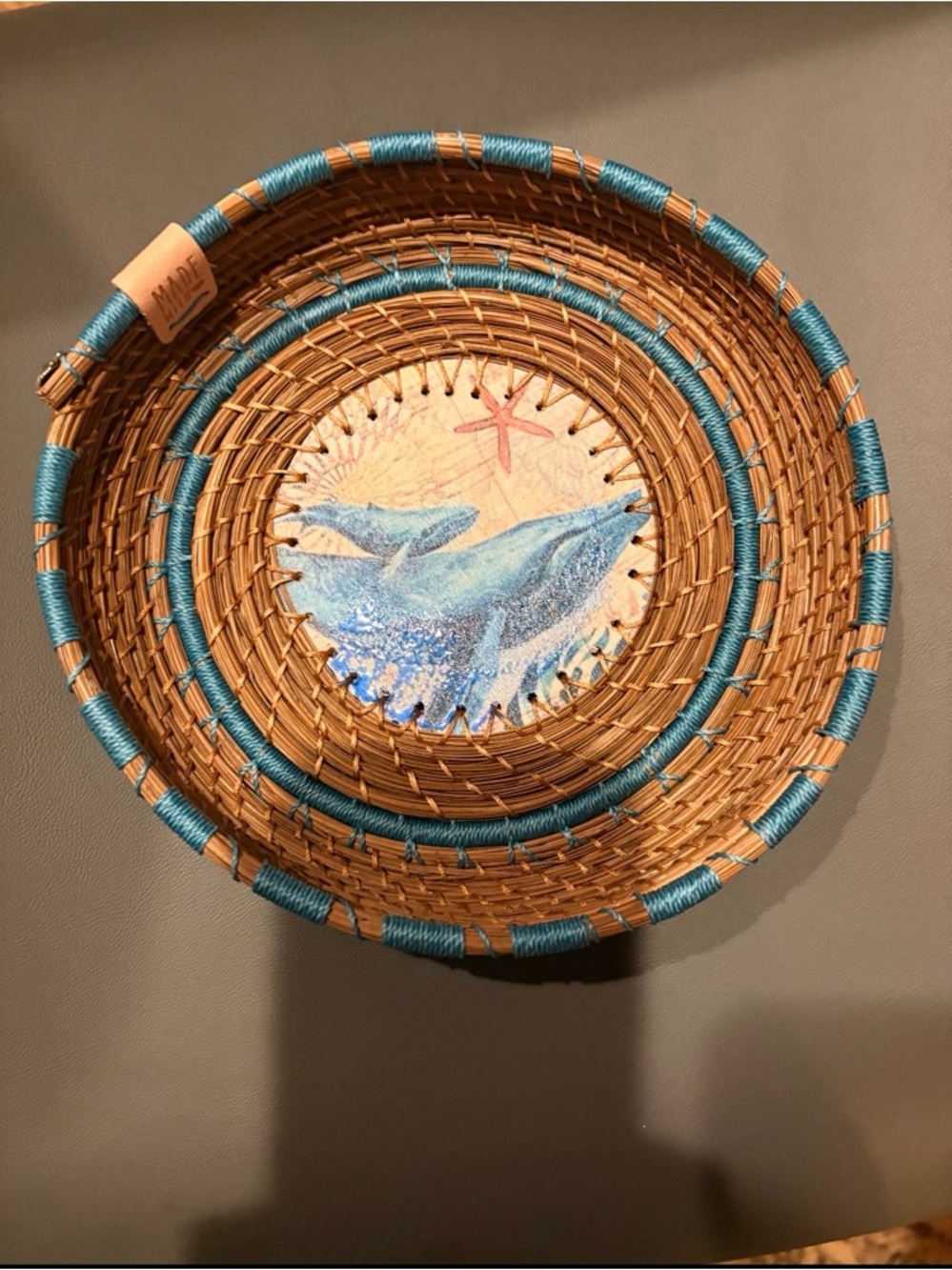 Handwoven Sea Turtle & Dolphin Decorative Basket - Blue Accent